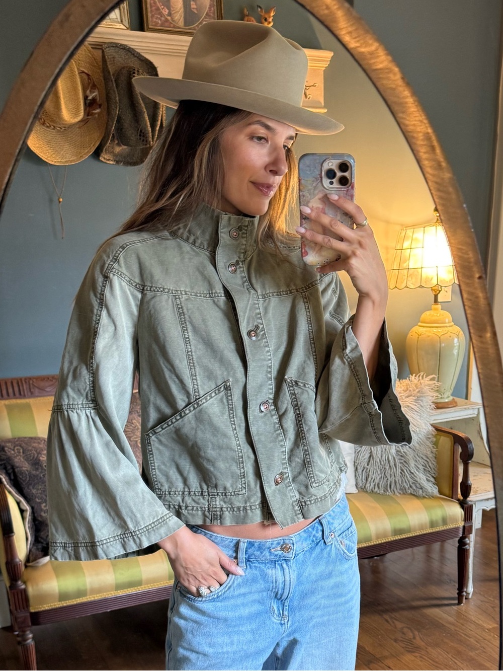 Anthropologie Olive Green Bell-Sleeve high neck Utility Jacket sz small